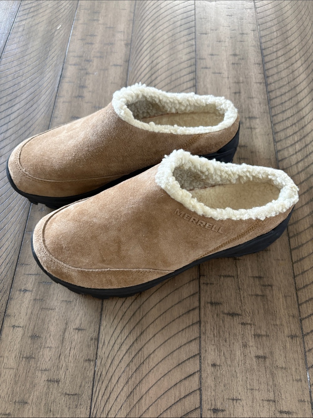 Merrell Tan Suede Fleece-Lined Slip-On Mules